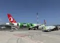 土耳其航空公司的可持续发展主题飞机在天空翱翔